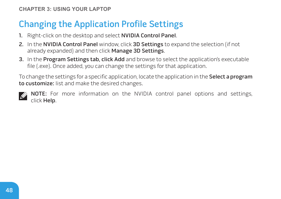 Changing the application profile settings | Dell Alienware M11x R3 (Early 2011) User Manual | Page 50 / 118