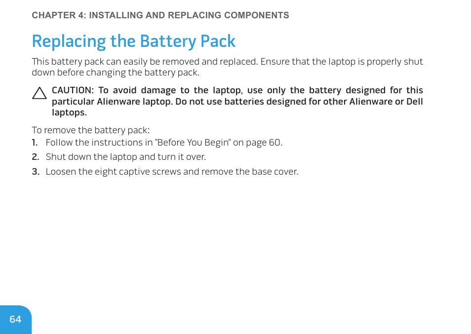 Replacing the battery pack | Dell Alienware M11x R3 (Early 2011) User Manual | Page 66 / 118