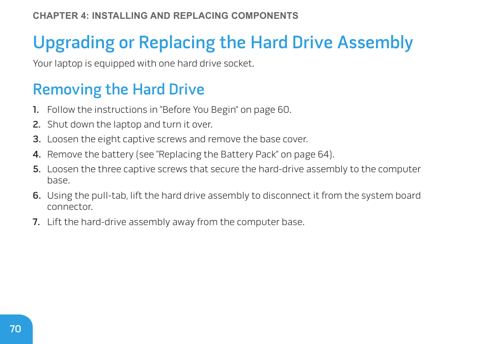 Upgrading or replacing the hard drive assembly, Removing the hard drive | Dell Alienware M11x R3 (Early 2011) User Manual | Page 72 / 118