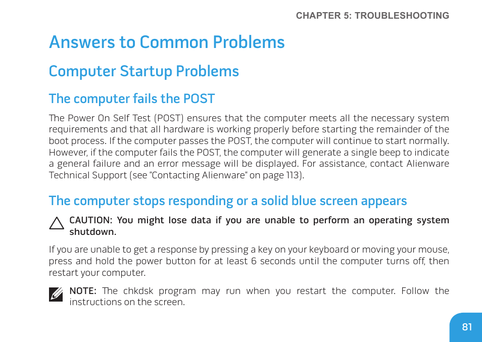Answers to common problems, Computer startup problems, The computer fails the post | Dell Alienware M11x R3 (Early 2011) User Manual | Page 83 / 118