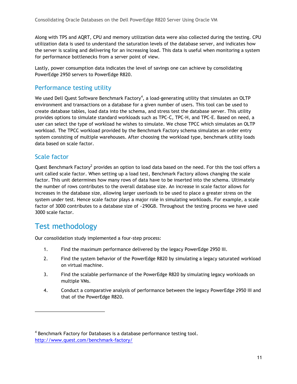 Performance testing utility, Scale factor, Test methodology | Dell PowerEdge R820 User Manual | Page 11 / 21