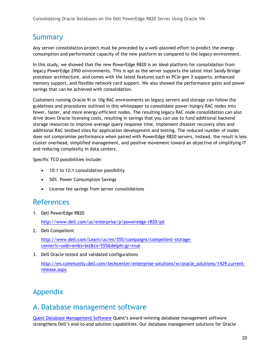 Summary, References, Appendix | Database management software, Appendix a. database management software | Dell PowerEdge R820 User Manual | Page 20 / 21