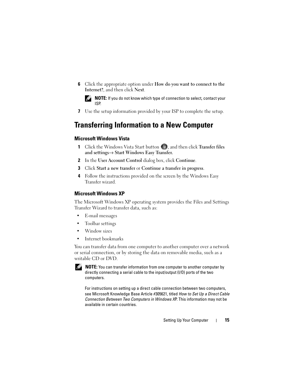 Transferring information to a new computer, Microsoft windows vista, Microsoft windows xp | Dell Precision R5400 (Mid 2008) User Manual | Page 15 / 76