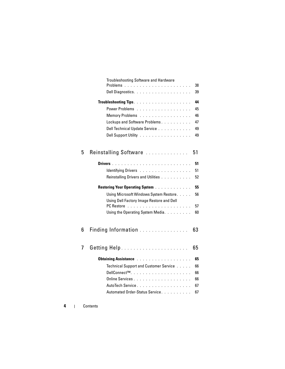 5reinstalling software, 6finding information, 63 7 getting help | Dell Precision R5400 (Mid 2008) User Manual | Page 4 / 76