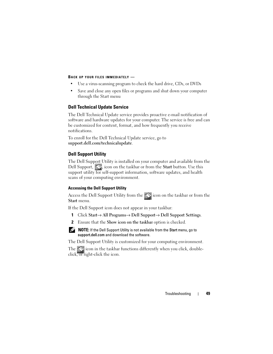 Dell technical update service, Dell support utility | Dell Precision R5400 (Mid 2008) User Manual | Page 49 / 76