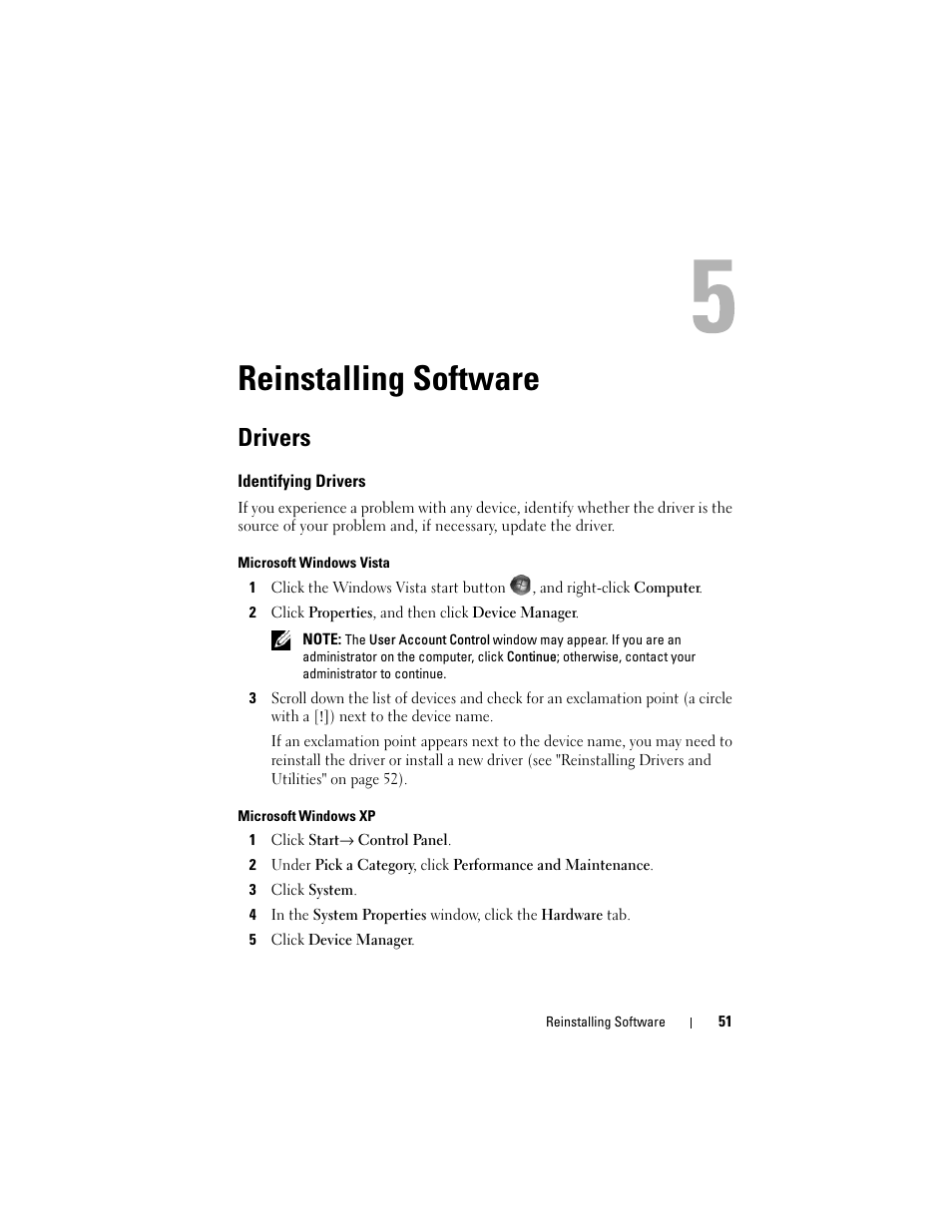 Reinstalling software, Drivers, Identifying drivers | Dell Precision R5400 (Mid 2008) User Manual | Page 51 / 76