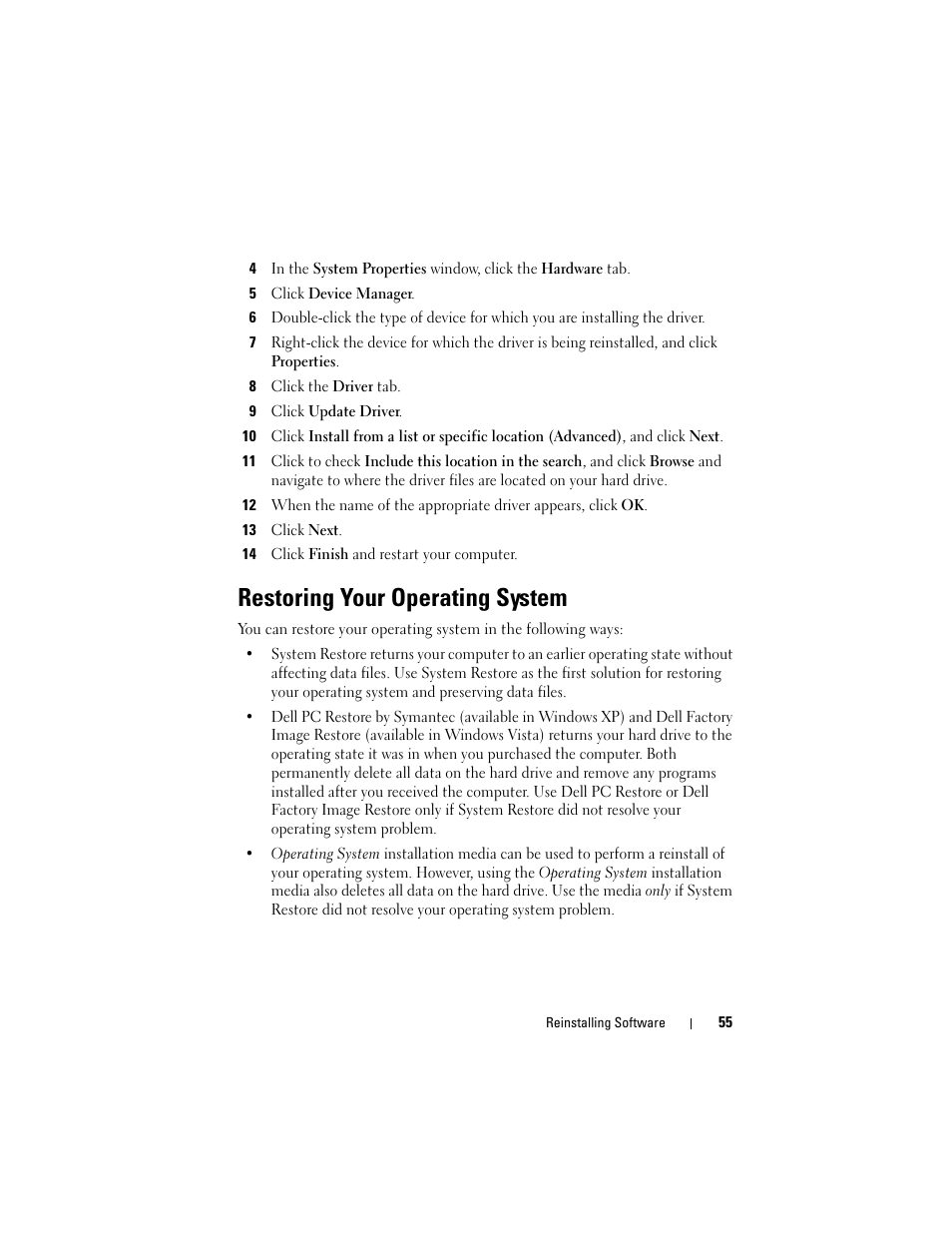 Restoring your operating system | Dell Precision R5400 (Mid 2008) User Manual | Page 55 / 76