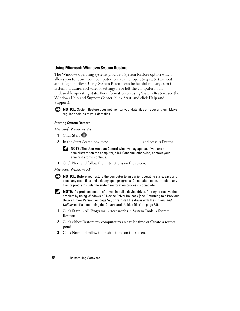 Using microsoft windows system restore, Using microsoft | Dell Precision R5400 (Mid 2008) User Manual | Page 56 / 76