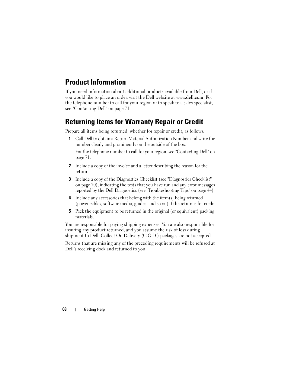 Product information, Returning items for warranty repair or credit | Dell Precision R5400 (Mid 2008) User Manual | Page 68 / 76