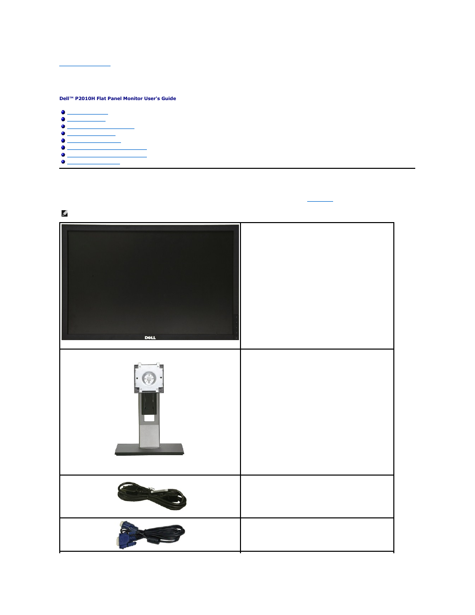 About your monitor, Package contents | Dell P2010H Monitor User Manual | Page 2 / 37