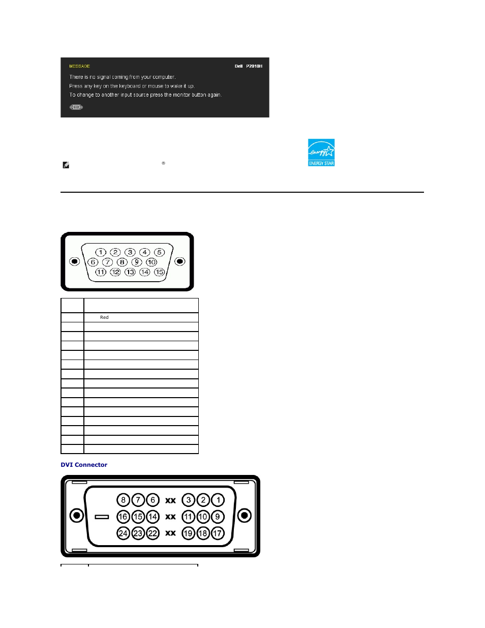Pin assignments | Dell P2010H Monitor User Manual | Page 9 / 37
