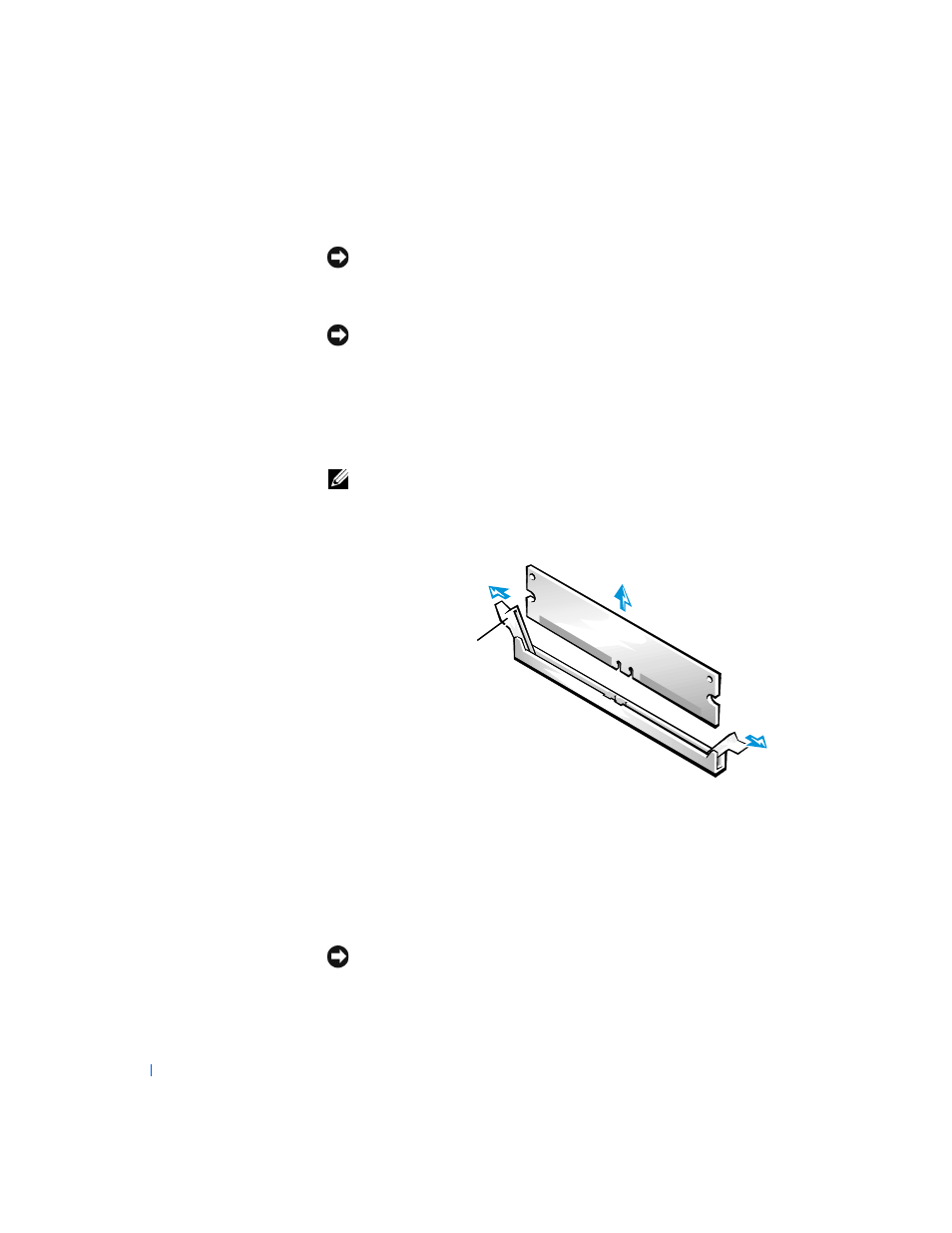 Removing a memory module, Installing a memory module, Remove any modules | Install the upgrade modules | Dell Precision 330 User Manual | Page 68 / 220