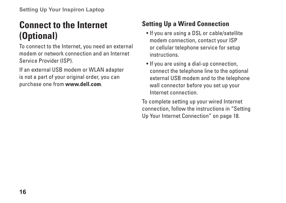 Connect to the internet (optional) | Dell Inspiron 1464 (Early 2010) User Manual | Page 18 / 88