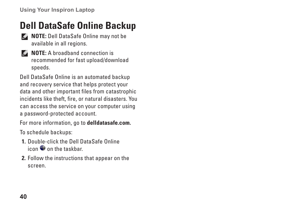 Dell datasafe online backup | Dell Inspiron 1464 (Early 2010) User Manual | Page 42 / 88