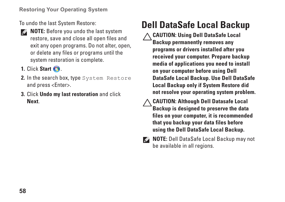 Dell datasafe local backup | Dell Inspiron 1464 (Early 2010) User Manual | Page 60 / 88