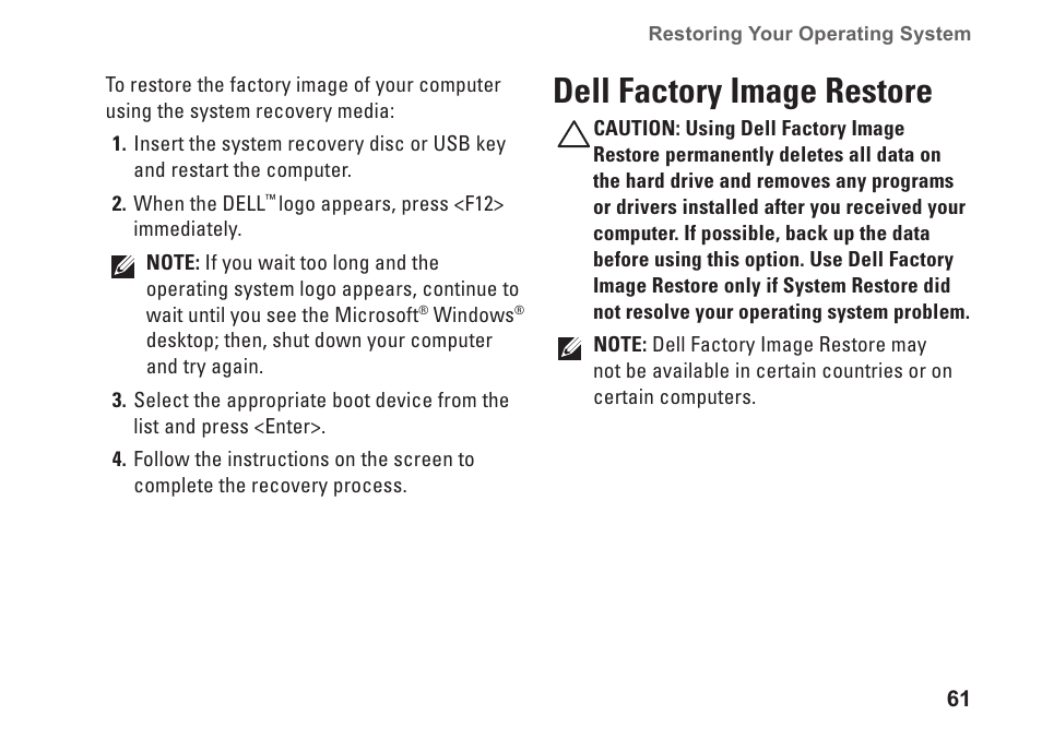 Dell factory image restore | Dell Inspiron 1464 (Early 2010) User Manual | Page 63 / 88