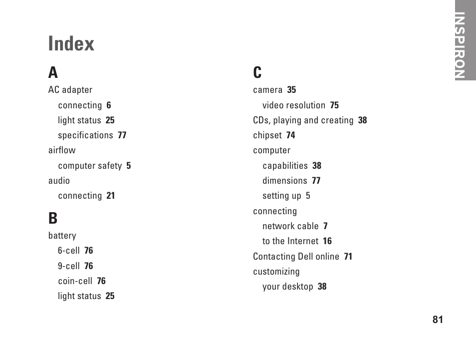 Index, Inspiron | Dell Inspiron 1464 (Early 2010) User Manual | Page 83 / 88