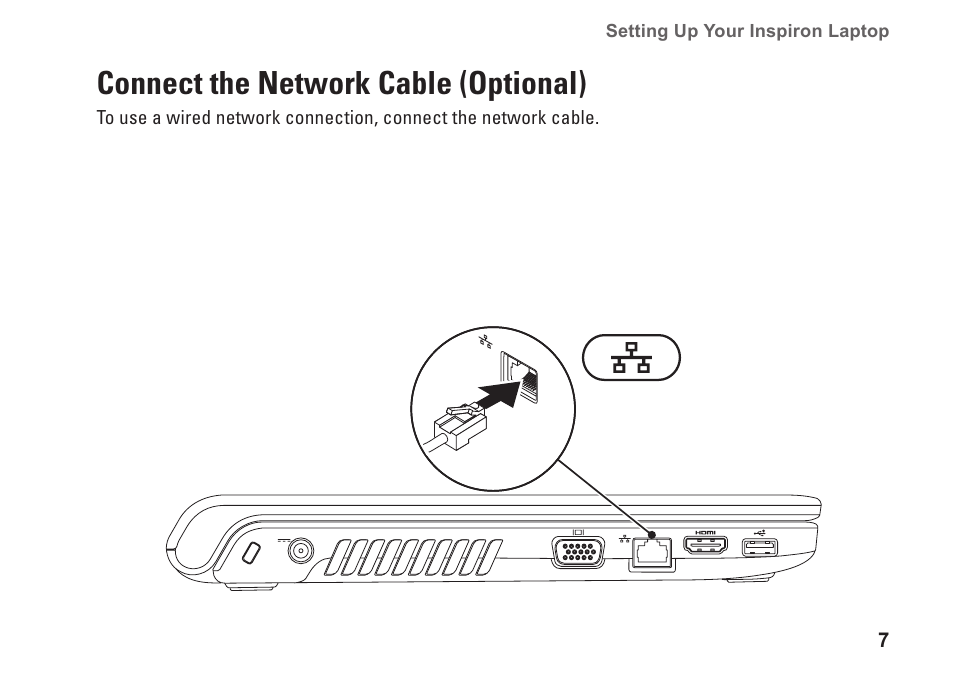 Connect the network cable (optional) | Dell Inspiron 1464 (Early 2010) User Manual | Page 9 / 88