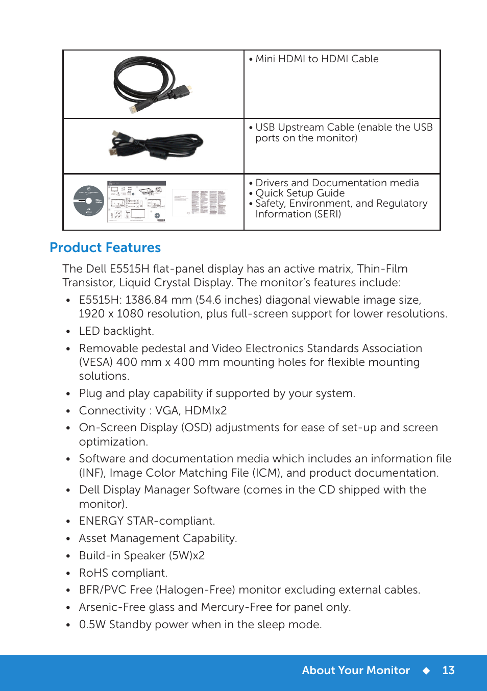 Product features | Dell E5515H Monitor User Manual | Page 13 / 69