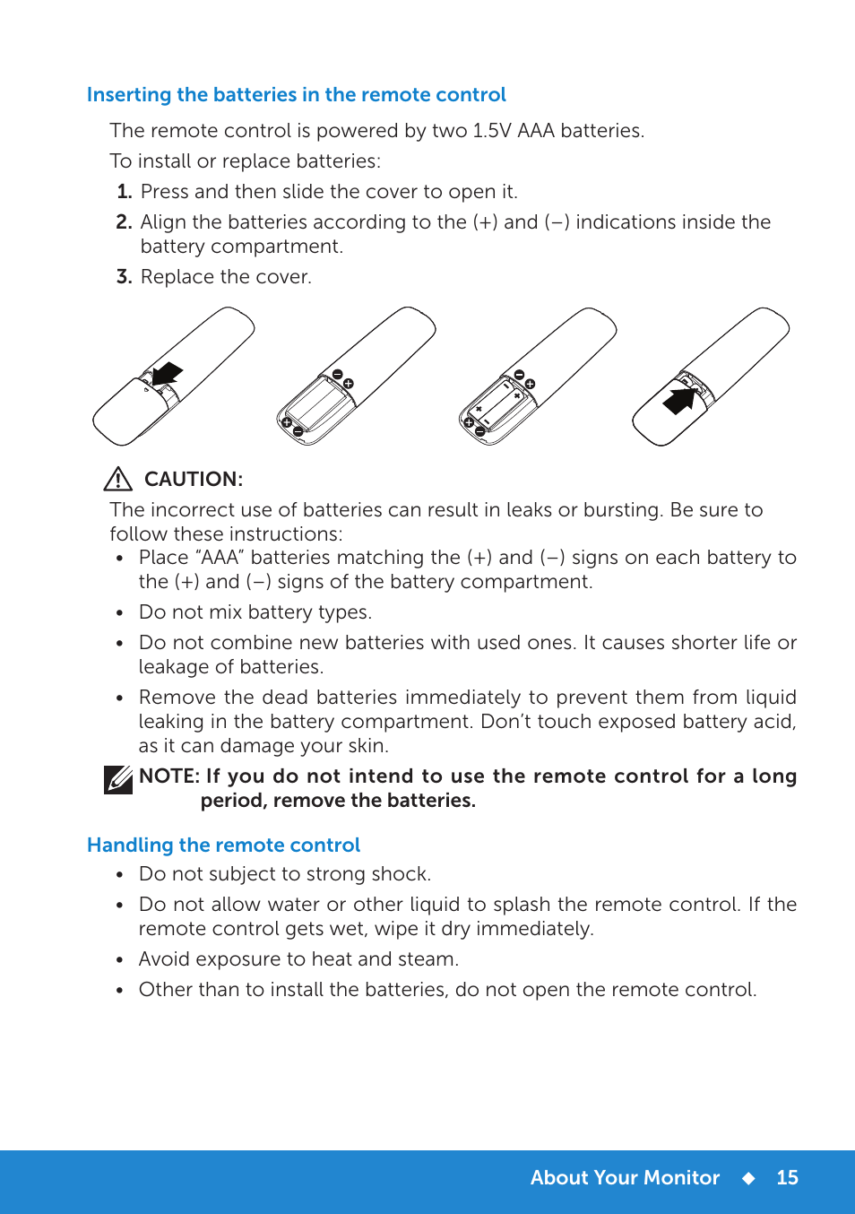 Inserting the batteries in the remote control, Handling the remote control | Dell E5515H Monitor User Manual | Page 15 / 69