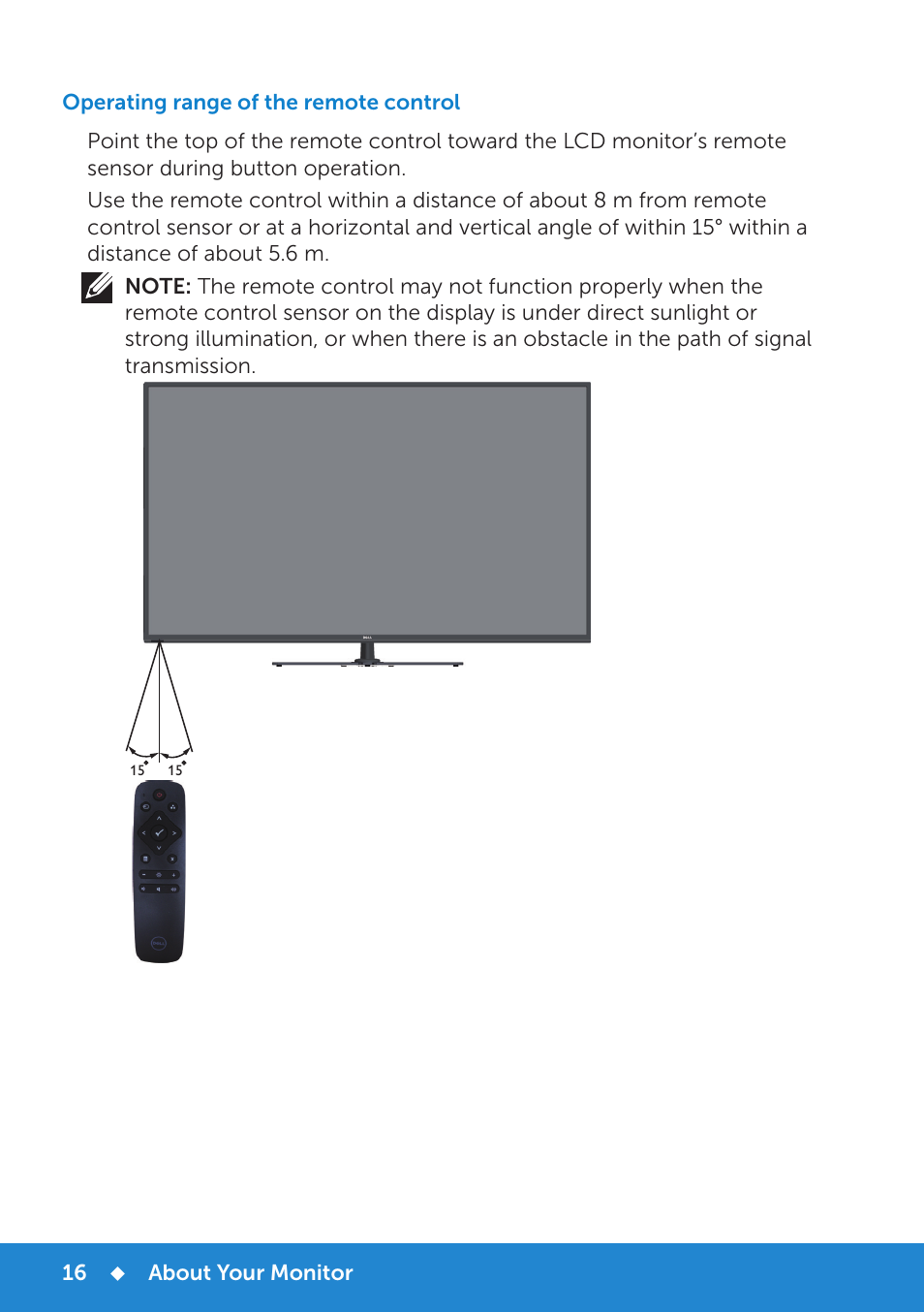 Operating range of the remote control | Dell E5515H Monitor User Manual | Page 16 / 69