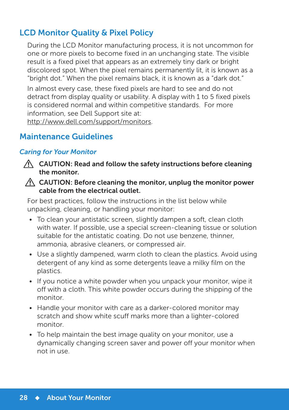 Lcd monitor quality & pixel policy, Maintenance guidelines, Caring for your monitor | Dell E5515H Monitor User Manual | Page 28 / 69