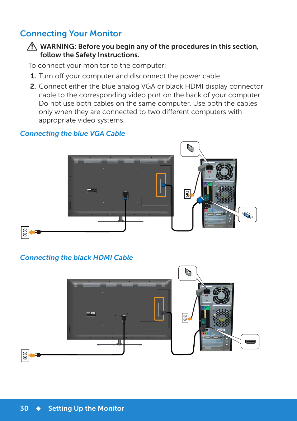 Connecting your monitor, Connecting the blue vga cable, Connecting the black hdmi cable | Setting up the monitor | Dell E5515H Monitor User Manual | Page 30 / 69