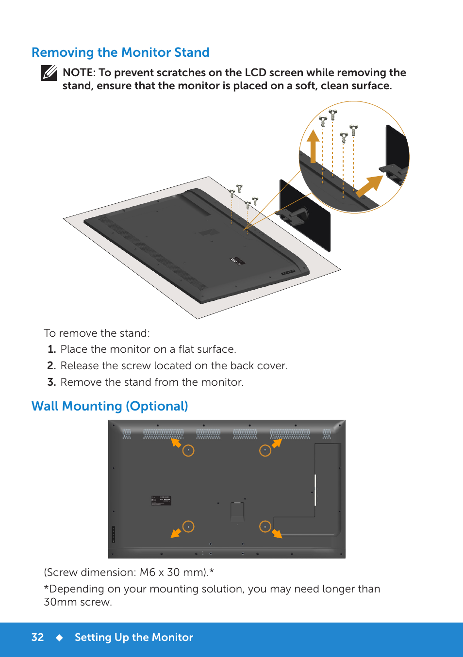 Removing the monitor stand, Wall mounting (optional), Setting up the monitor | Dell E5515H Monitor User Manual | Page 32 / 69