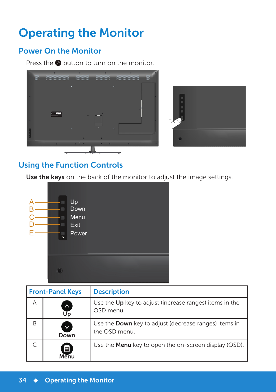 Operating the monitor, Power on the monitor, Using the function controls | Power on the monitor using the function controls, Ab c d e | Dell E5515H Monitor User Manual | Page 34 / 69