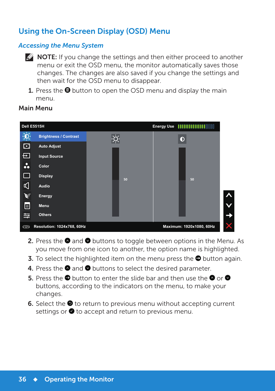 Using the on-screen display (osd) menu, Accessing the menu system, Operating the monitor | Dell E5515H Monitor User Manual | Page 36 / 69