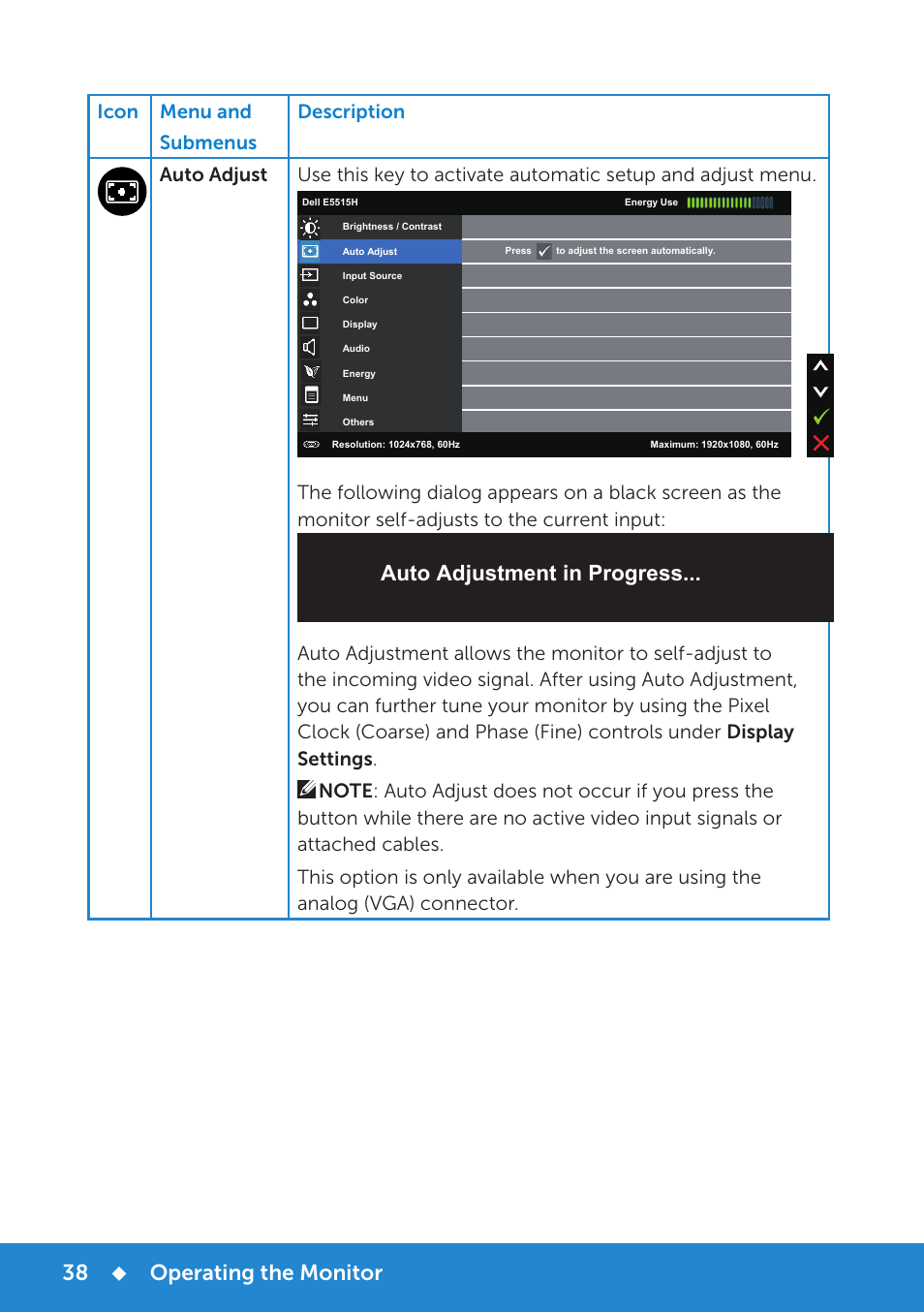 Operating the monitor, Auto adjustment in progress | Dell E5515H Monitor User Manual | Page 38 / 69