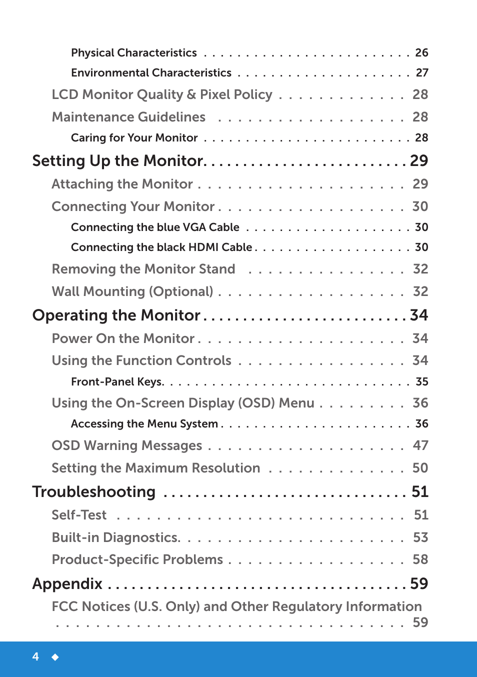 Setting up the monitor, Operating the monitor, Troubleshooting | Appendix | Dell E5515H Monitor User Manual | Page 4 / 69
