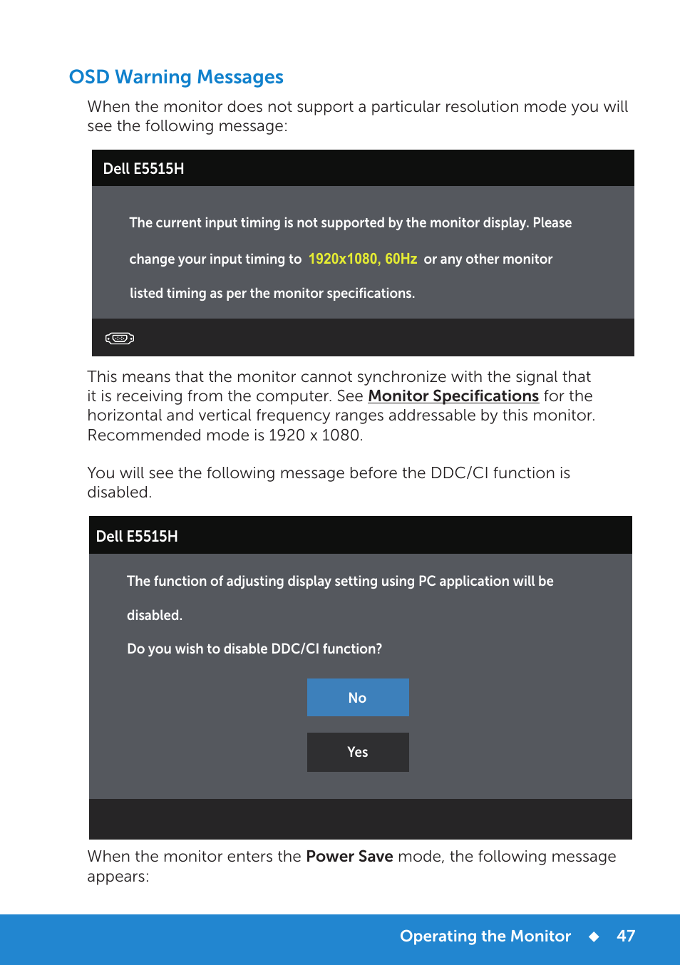 Osd warning messages | Dell E5515H Monitor User Manual | Page 47 / 69
