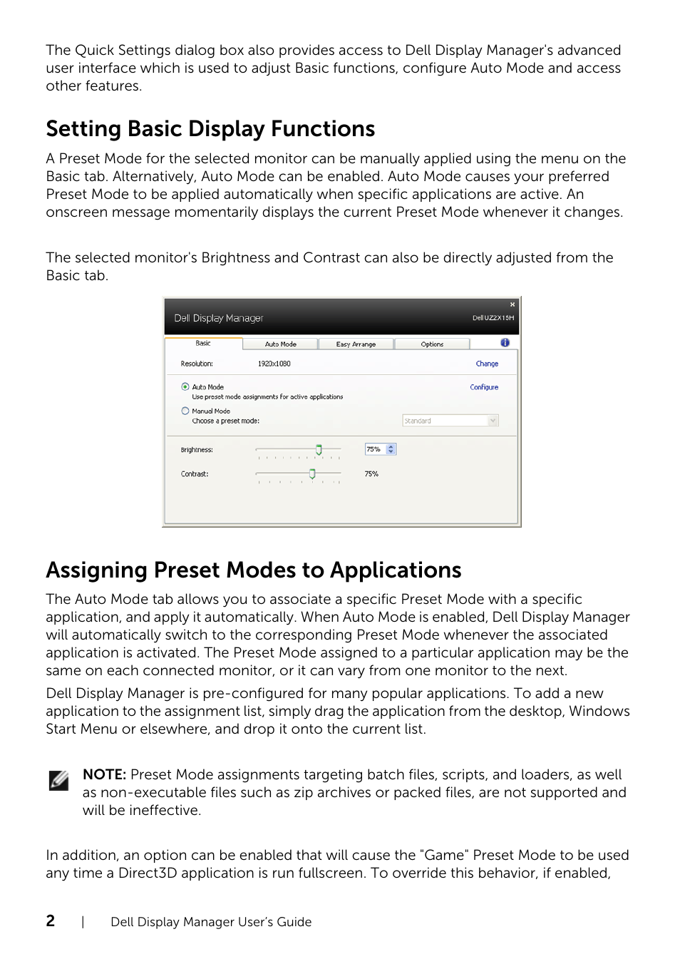 Assigning preset modes to applications, Setting basic display functions | Dell UZ2215H Monitor User Manual | Page 2 / 4