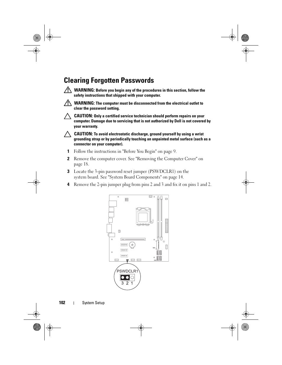 Clearing forgotten passwords | Dell Inspiron 660 (Early 2012) User Manual | Page 102 / 110