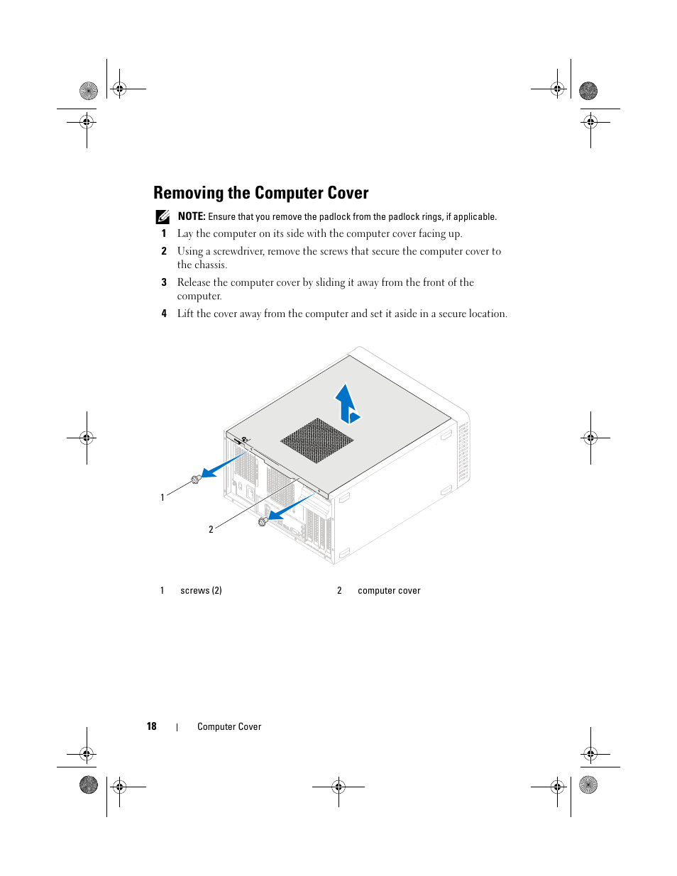 Removing the computer cover | Dell Inspiron 660 (Early 2012) User Manual | Page 18 / 110