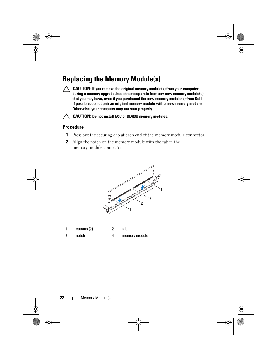Replacing the memory module(s), Procedure | Dell Inspiron 660 (Early 2012) User Manual | Page 22 / 110