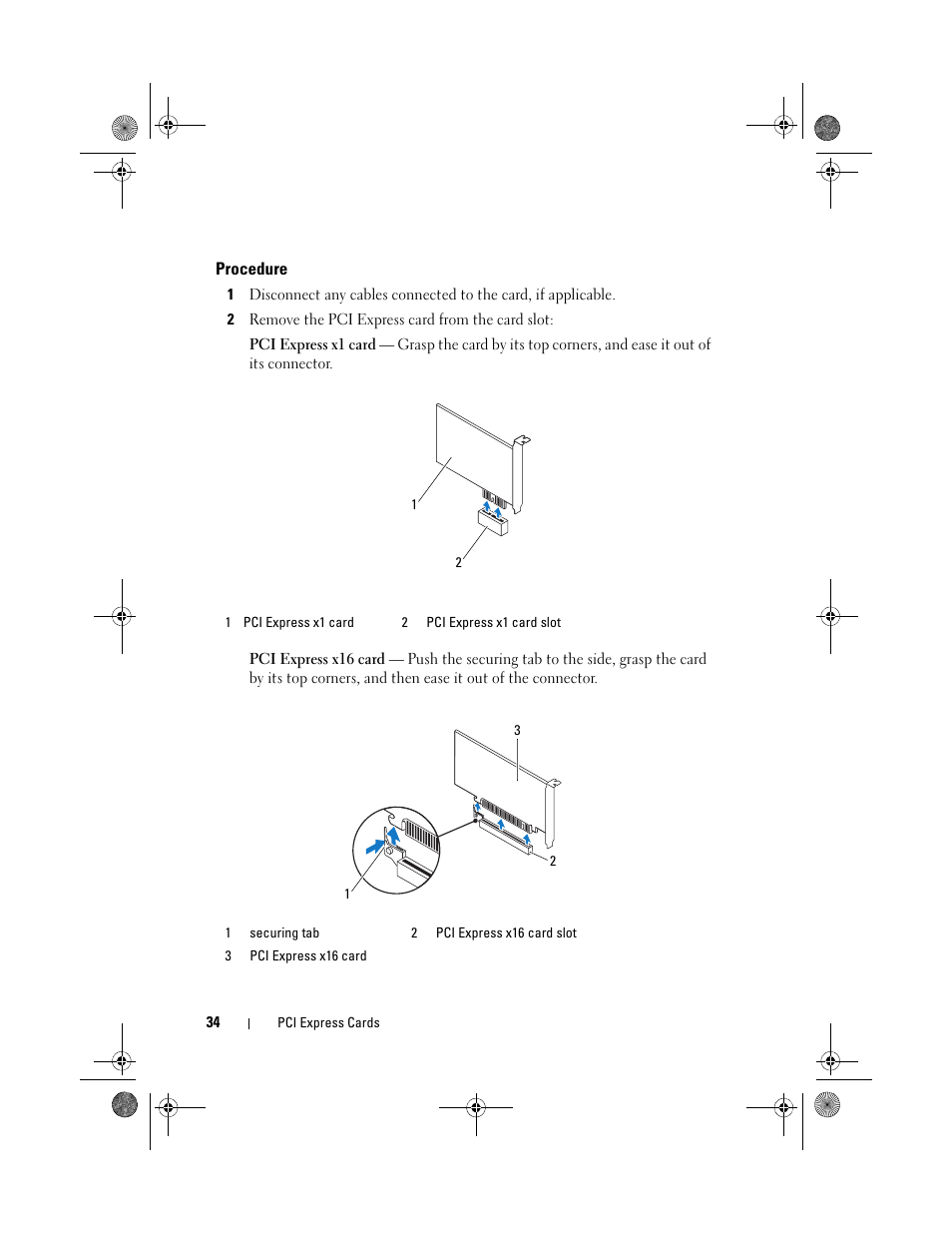 Procedure, 2 remove the pci express card from the card slot | Dell Inspiron 660 (Early 2012) User Manual | Page 34 / 110