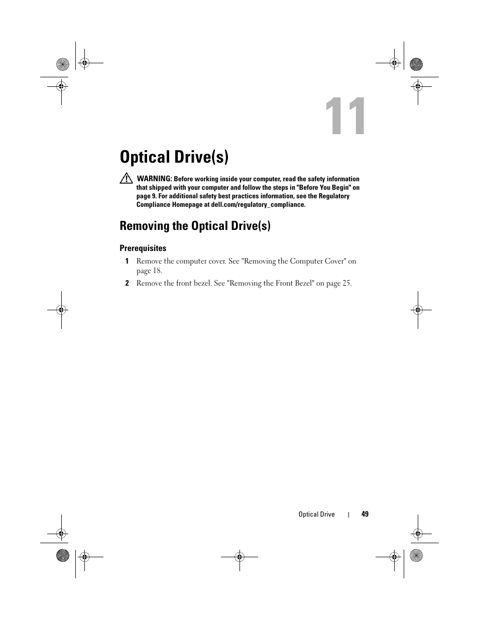 Optical drive(s), Removing the optical drive(s) | Dell Inspiron 660 (Early 2012) User Manual | Page 49 / 110