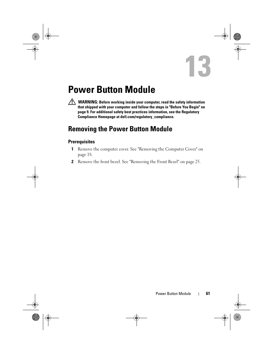 Power button module, Removing the power button module, Prerequisites | Dell Inspiron 660 (Early 2012) User Manual | Page 61 / 110