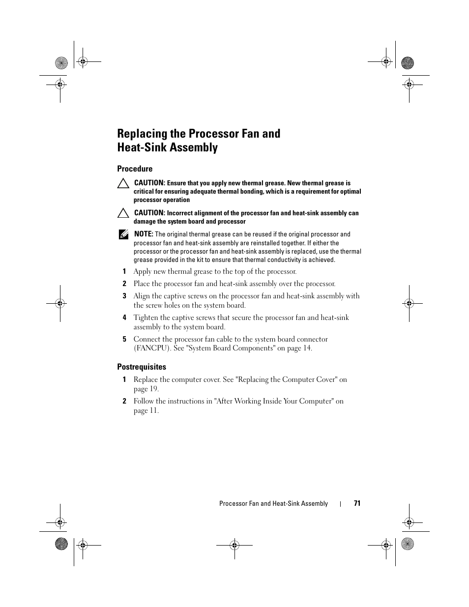 Replacing the processor fan and heat-sink assembly, Procedure, Postrequisites | Dell Inspiron 660 (Early 2012) User Manual | Page 71 / 110