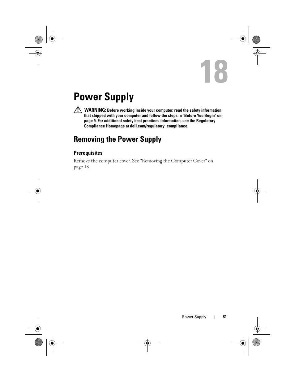 Power supply, Removing the power supply, Prerequisites | Dell Inspiron 660 (Early 2012) User Manual | Page 81 / 110
