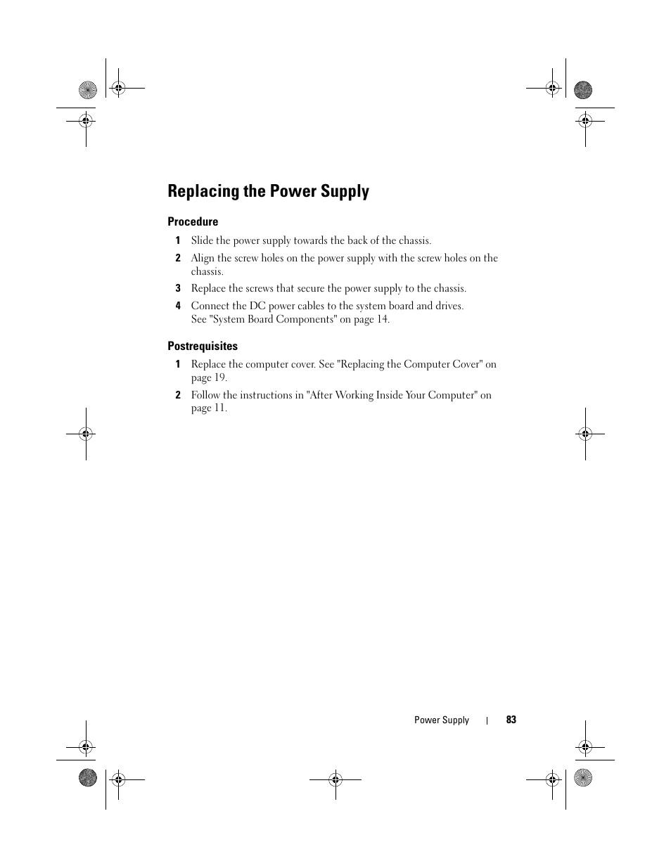 Replacing the power supply, Procedure, Postrequisites | Dell Inspiron 660 (Early 2012) User Manual | Page 83 / 110