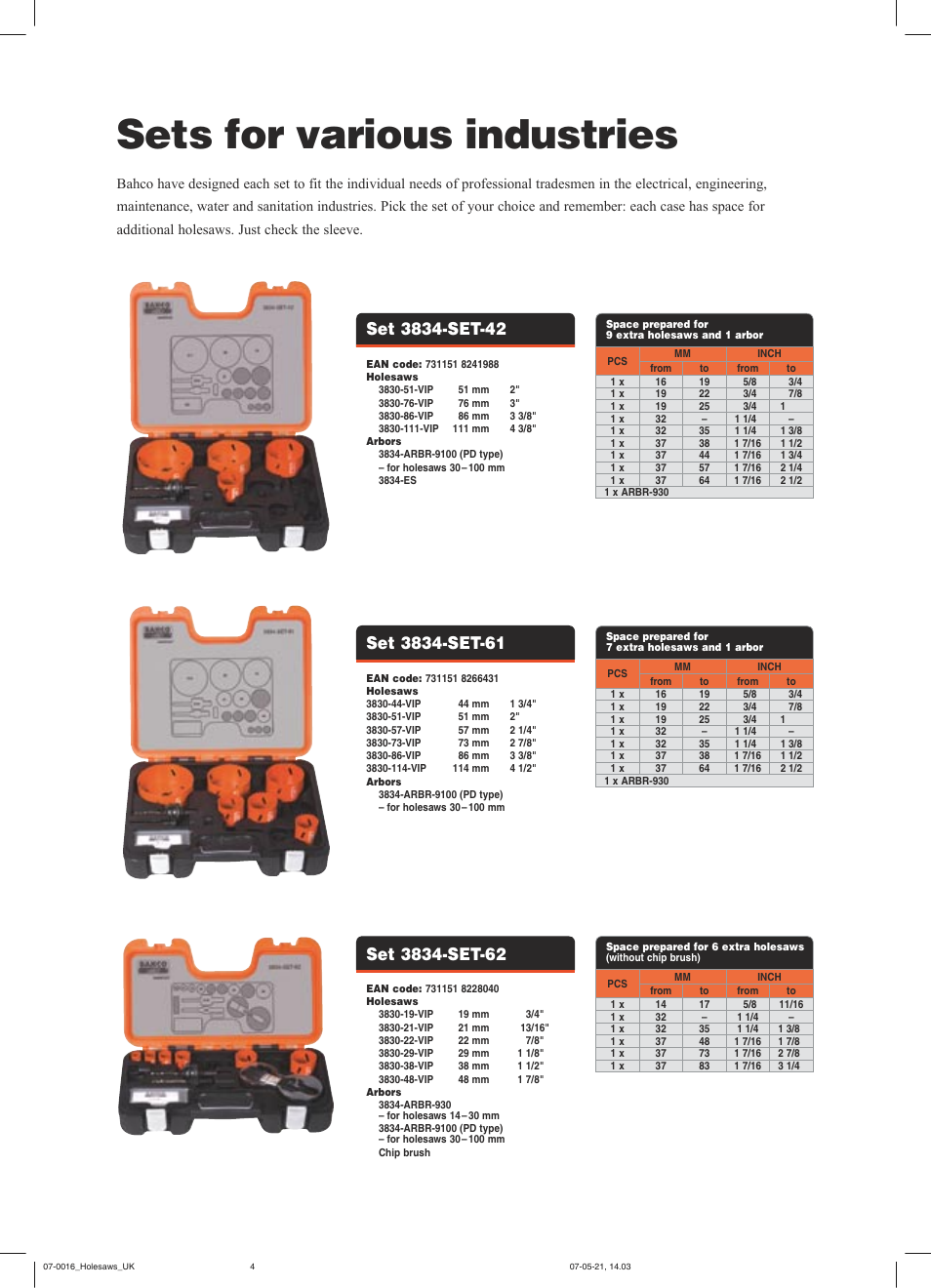 Sets for various industries | Bahco Sandflex Holesaw Sets User Manual | Page 4 / 8