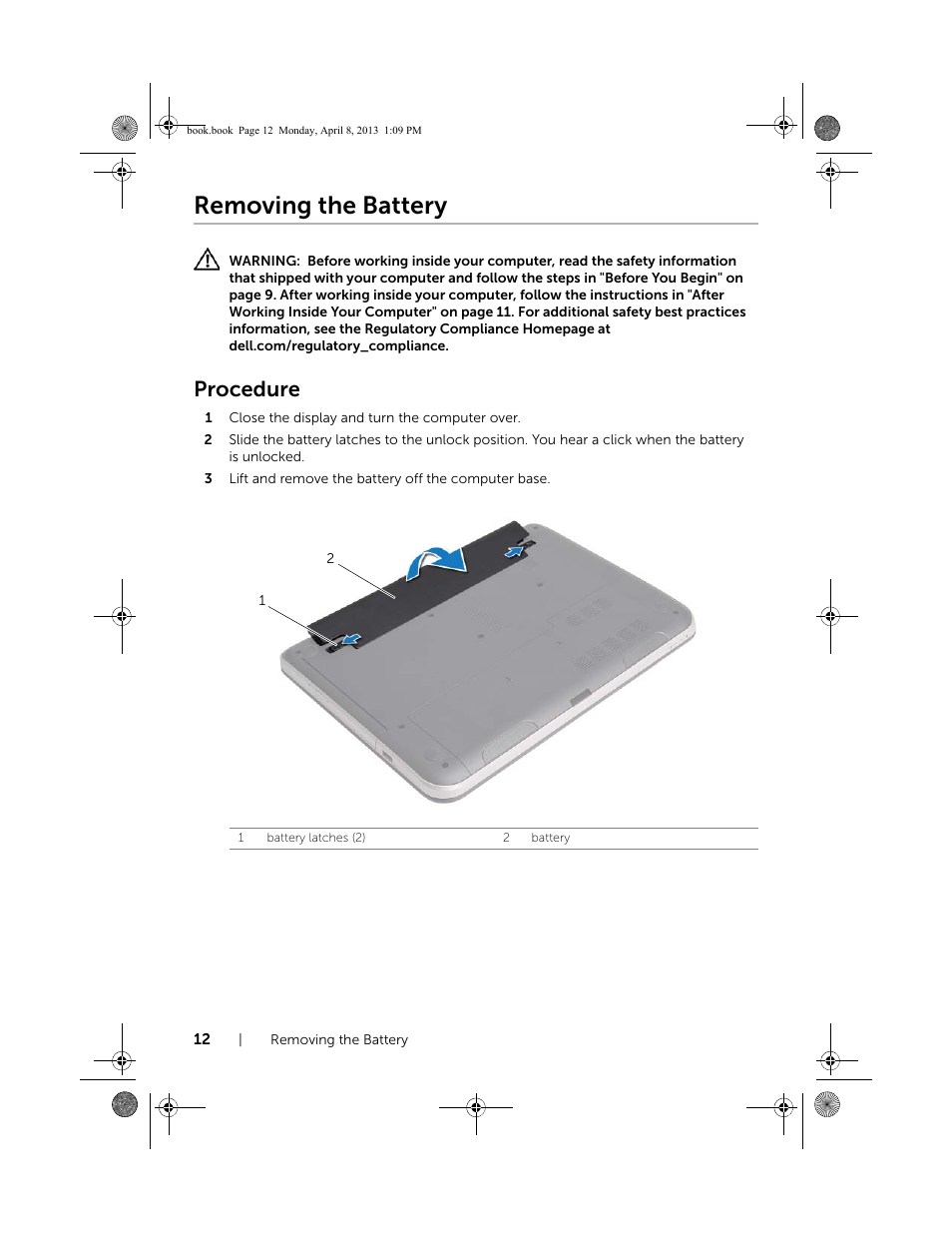 Removing the battery, Procedure | Dell Inspiron 14R (5437, Mid 2013) User Manual | Page 12 / 73