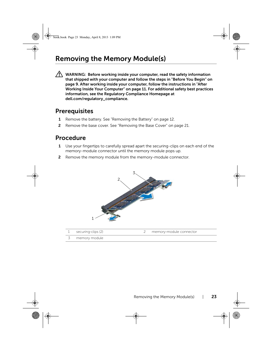 Removing the memory module(s), Prerequisites, Procedure | Dell Inspiron 14R (5437, Mid 2013) User Manual | Page 23 / 73