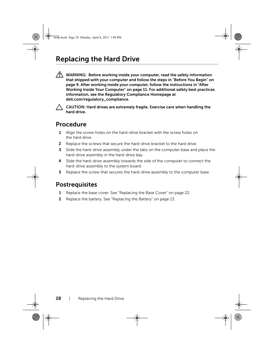 Replacing the hard drive, Procedure, Postrequisites | Dell Inspiron 14R (5437, Mid 2013) User Manual | Page 28 / 73