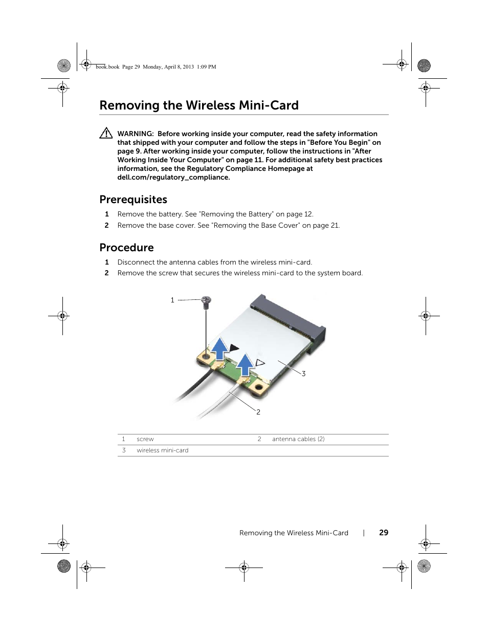 Removing the wireless mini-card, Prerequisites, Procedure | Dell Inspiron 14R (5437, Mid 2013) User Manual | Page 29 / 73