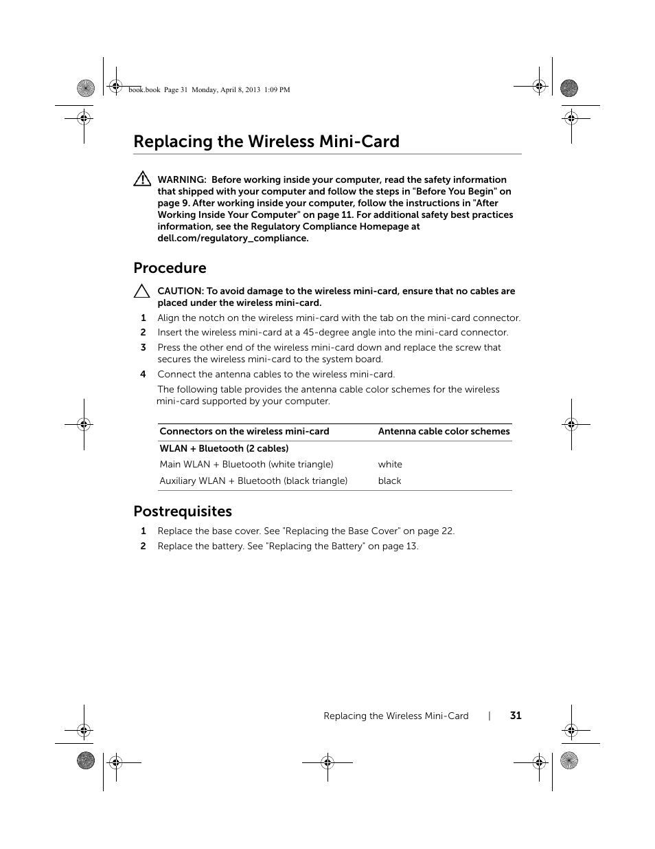 Replacing the wireless mini-card, Procedure, Postrequisites | Dell Inspiron 14R (5437, Mid 2013) User Manual | Page 31 / 73