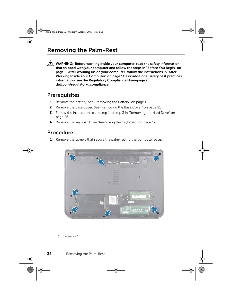 Removing the palm-rest, Prerequisites, Procedure | Dell Inspiron 14R (5437, Mid 2013) User Manual | Page 32 / 73